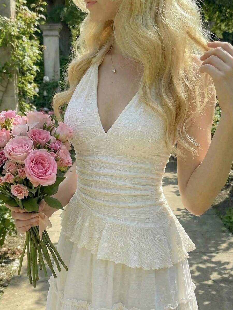 SHEIN MOD 女士提花荷叶边系带时尚百搭休闲上衣，女士吊带上衣，吊带衫，荷叶边上衣，奶油色吊带上衣，女士背心，乡村风女装，春夏女装，度假女装，派对，花园派对，优雅派对，婚礼宾客套装，外出装，海滩，夏季度假装，节日，野餐，生日，格纹上衣，无肩带衬衫，可爱上衣，烧烤女装，方格纹上衣，Y2K，夏季上衣 - 杏色 - 查看 1