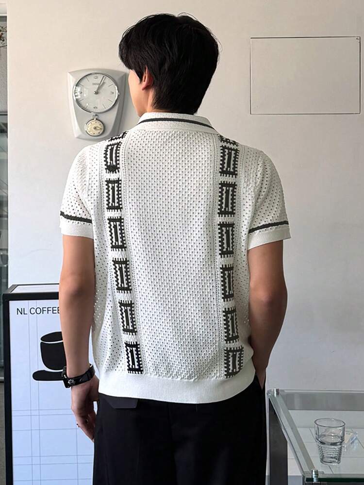 Men's Hollow-Out Design Colorful Cardigan Short Sleeve Knit Top, Summer