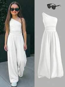 SHEIN Tween Girls' Casual Minimalist Comfortable Romper, White - White - View 1