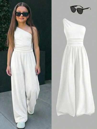 SHEIN Tween Girls' Casual Minimalist Comfortable Romper, White