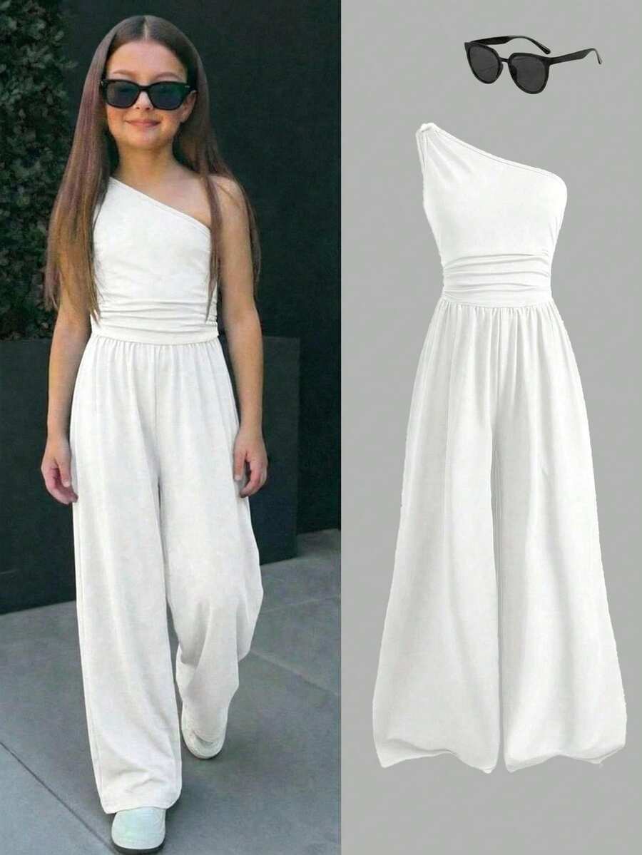 SHEIN Tween Girls' Casual Minimalist Comfortable Romper, White - White - View 1