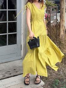 FRIFUL Vestido de línea A sin mangas con cordones ajustables en los hombros, vestidos de verano para mujeres - Amarillo - Ver 9