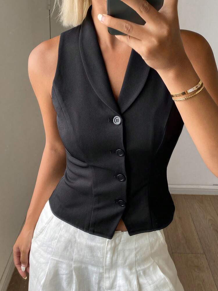 Women's Solid Color Fitted Turndown Collar Sleeveless Waist Cinched Casual Vacation Elegant Summer Tank Top