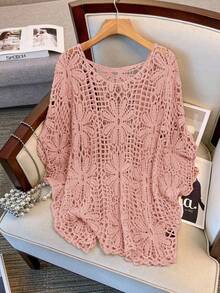 GlowEve CURVE Suéter de punto con cuello redondo, estampado floral y diseño hueco, de unicolor, para mujer talla grande, para primavera/verano - Rosa - Ver 1