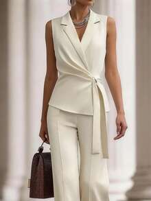 SHEIN Raffinéa Bộ jumpsuit nữ màu trắng ngà không tay, thắt eo, ống rộng, thích hợp cho việc đi làm hàng ngày, kiểu dáng thanh lịch, phù hợp với nhiều phong cách thời trang và chất liệu thoải mái. - Màu be - Xem 5