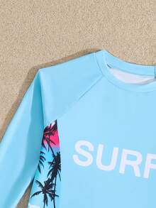 SHEIN Tween Boys Swimwear, Green Coconut Tree Print Casual Sporty Swimsuit, Suitable For Vacation And Summer - Blue - View 7