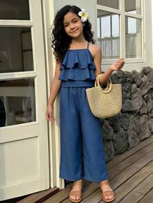 SHEIN Sparklyn Mädchen Urlaubsset, mehrlagiges Rüschen-Trägerhemd + Hose mit Blume Muster, elegant, geeignet für täglichen Ausgang, Strandtrip, Fotoshooting - Blau - Übersicht 7