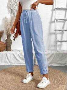 Breezaya Solid Color Drawstring Waist Pocket Casual Pants, Suitable For Holiday - Baby Blue - View 5