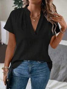 Breezaya 落肩纯色V领休闲短袖衬衫，夏季 - 黑色 - 查看 1
