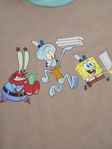 SpongeBob SquarePants | SHEIN 男童休闲宽松圆领短袖T恤，设计 - 卡其色 - 查看 4