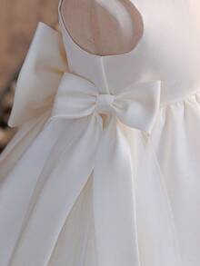 Glamorique Kids 女婴白色缎面无袖连衣裙，高端正式礼服，适合女婴生日、婚礼花童、宴会等场合 - 米色 - 查看 5