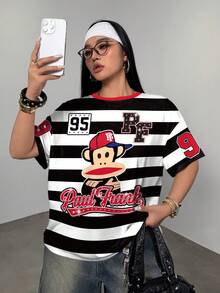 Paul Frank X SHEIN Plus Size Summer Casual Striped Letter & Cartoon Print Crew Neck Short Sleeve T-Shirt - White - View 1