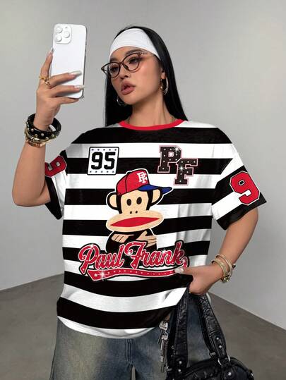 Paul Frank X SHEIN Plus Size Summer Casual Striped Letter & Cartoon Graphic Round Neck Short Sleeve T-Shirt