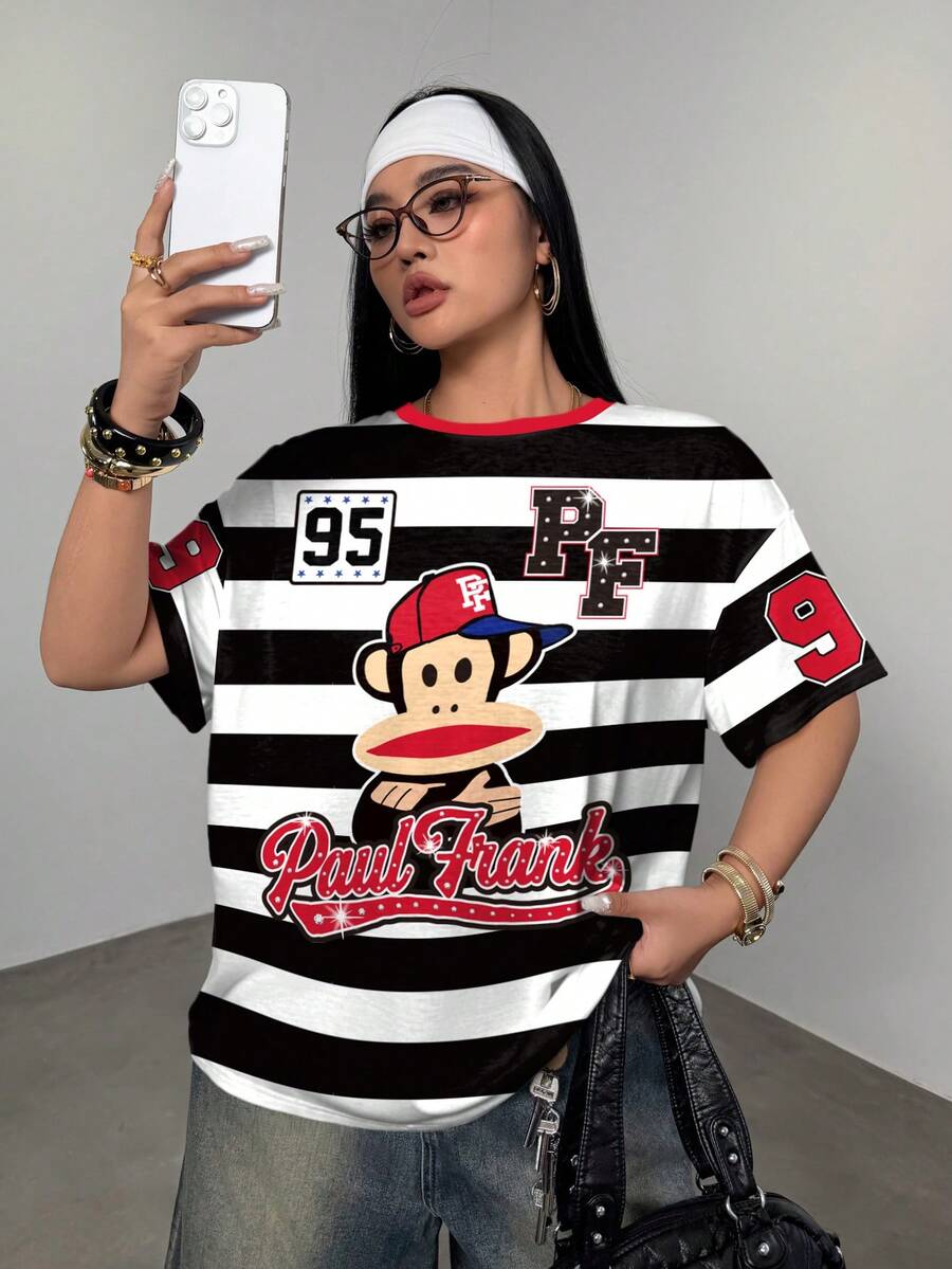 Paul Frank X SHEIN Plus Size Summer Casual Striped Letter & Cartoon Print Crew Neck Short Sleeve T-Shirt - White - View 1