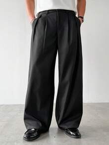 HUEFORM Men's Solid Color Pleated Baggy  Wide Leg Loose Casual Pants,The Gathered Design Looks More Fashionable.,You Can Wear It With Any Basic Top For Going Out. For Summer - Black - View 4