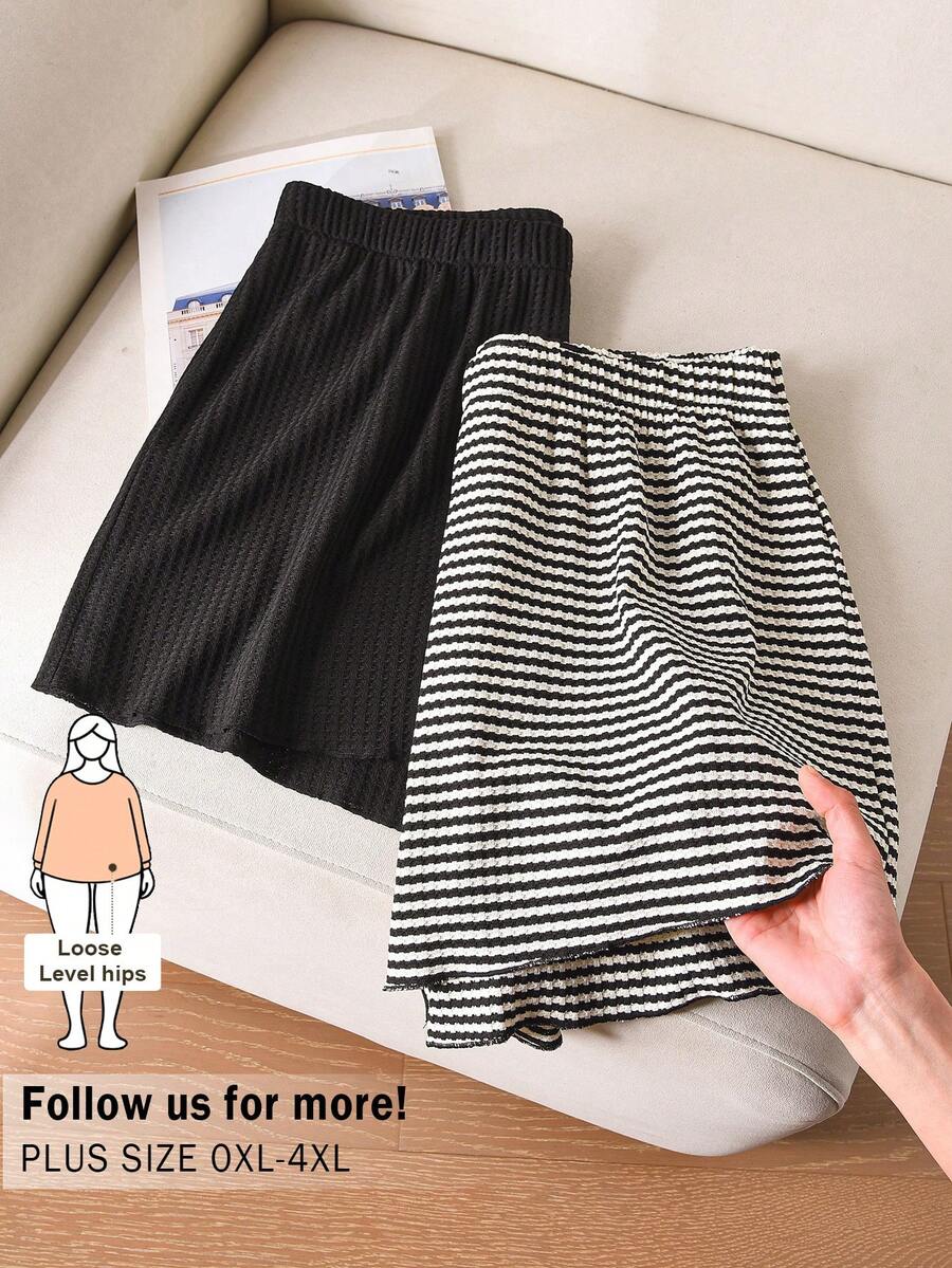 CosyJoli Plus Size Women Casual Textured Black & Striped Multi-Pack Shorts - Multicolor - View 1