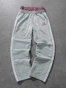 PAVTROS 男士复古运动街头风针织运动裤，松紧腰抽绳运动裤，针织运动裤，二合一针织运动裤，运动休闲条纹，做旧破洞街头风，仿腰带设计，复古运动混搭，Y2K/90年代复古风，街头风，休闲时尚，情侣装，节日礼物，男友礼物 - 灰色 - 查看 2