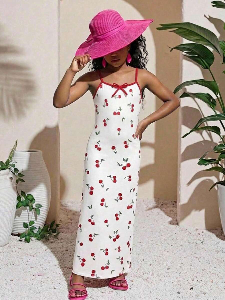 SHEIN Young Girl Casual Daily Fashion Red & White Cherry Blossom Print Snug Fit Dress,Kids - Red and White - View 1