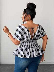 Maweii Plus Size Kortärmad Rutig Avslappnad Pendlareblus - Svart - Visa 2