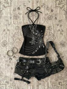 EgrlEra Camiseta de tirantes con cuello halter, estampado gráfico con diamante de imitación, estilo sexy Y2K para mujer - Negro - Ver 1