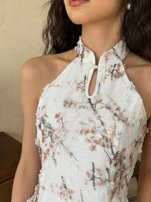 EastFlair 女士优雅印花高开衩长款旗袍连衣裙，夏季 - 白色 - 查看 7