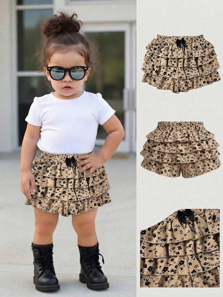 Pantalones cortos con volantes con estampado de leopardo lindo para bebé niña, versátiles para el verano - Albaricoque - Ver 1