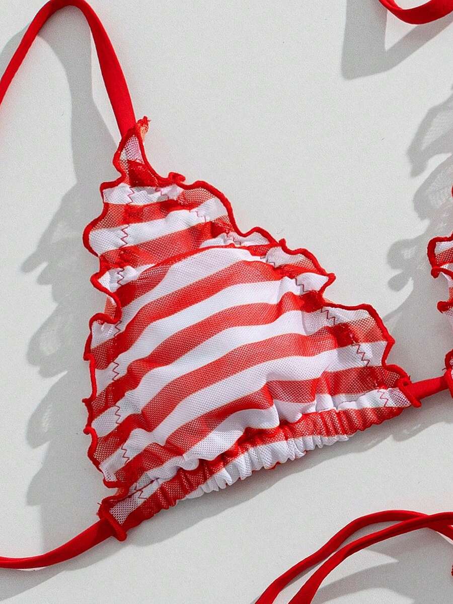 Swim Mod 夏季新款欧美性感条纹吊带甜美少女分体泳衣,小胸显瘦时尚比基尼,荷叶边三角泳装,适合海滩、度假、蜜月、假日穿着 - 彩色 - 查看 1