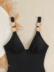 Bonvoyette 1 pieza Traje de baño de verano para mujer con diseño de cordón, cuello en V profundo y tirantes anchos, color negro - Negro - Ver 4