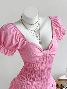 Elamini Đầm ngắn ôm dáng tay bồng chấm bi ngọt ngào, cổ bèo - Hồng - Xem 5