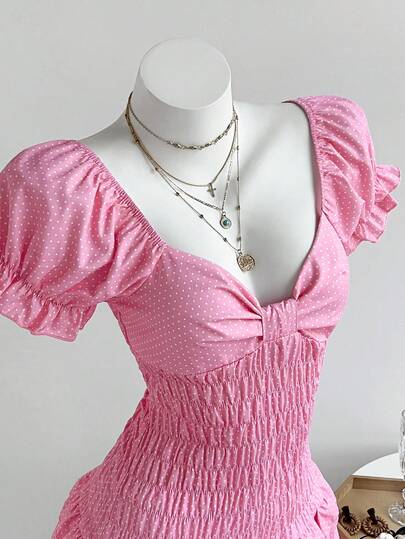 Elamini Đầm ngắn ôm dáng tay bồng chấm bi ngọt ngào, cổ bèo