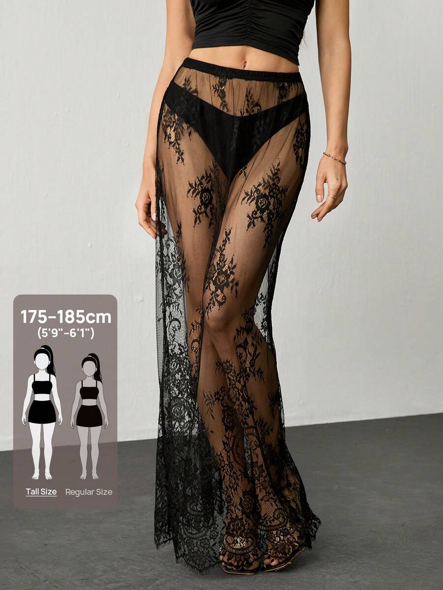 SHEIN Tall Y2K Váy ren xuyên thấu gợi cảm dài đa năng thời trang mùa hè màu đen cho nữ - màu đen - Xem 1