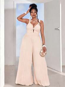Maweii Bộ jumpsuit mùa hè cỡ lớn màu trơn, dây mảnh, cổ chữ V gợi cảm, khóa kim loại trang trí, eo khoét rỗng, ống rộng, phù hợp cho mùa hè, kỳ nghỉ, tiệc tốt nghiệp, cosplay, thanh lịch, thời trang, thường ngày, đi làm, công sở, thư giãn hàng ngày, đa năng, trang phục công sở cho giáo viên thành thị, hẹn hò gợi cảm, trang phục ngày lễ, quần áo nữ gợi cảm. - Màu Khaki - Xem 4