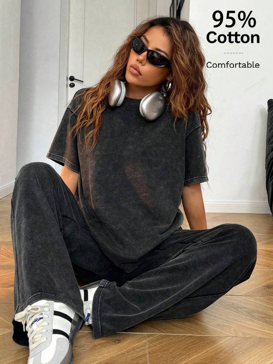 SHEIN EZwear 女士休闲裤套装,95%棉,适合日常穿着 - 黑色 - 查看 1