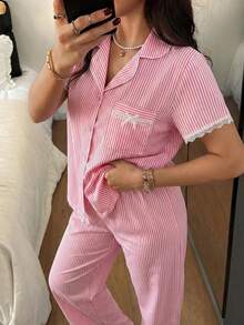 SHEIN Bubbelkrympt randig pyjamas med volang framtill för kvinnor - Rosa - Visa 5