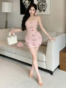 DAZY 春夏蝴蝶印花粉色修身休闲甜美少女音乐节连衣裙，适合情人节、婚礼、派对、时尚活动、优雅通勤吊带裙，女士太阳裙 - 粉色 - 查看 8