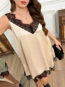 SHEIN LUNE Áo ngủ cỡ lớn phối ren, màu tương phản. - Màu be - Xem 5