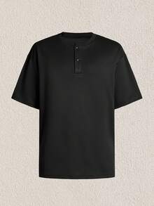 Mercer Haus 1pc Men's Black Henley Neck Short Sleeve T-Shirt, Knit Fabric Breathable Moisture-Wicking Wrinkle-Resistant, Old Money Style Casual Comfortable Short Sleeve Tee, Suitable For Daily Commute And Light Social Occasions Holiday Summer Beach - Black - View 1
