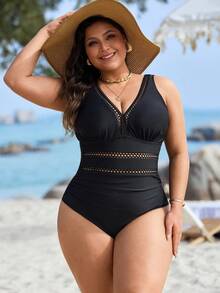 Swim Lushoire Plus Size Women's Solid One-Piece Swimsuit With Hollow Front, Waist Gathering, Suitable For Summer Beach Vacation - Black - View 3