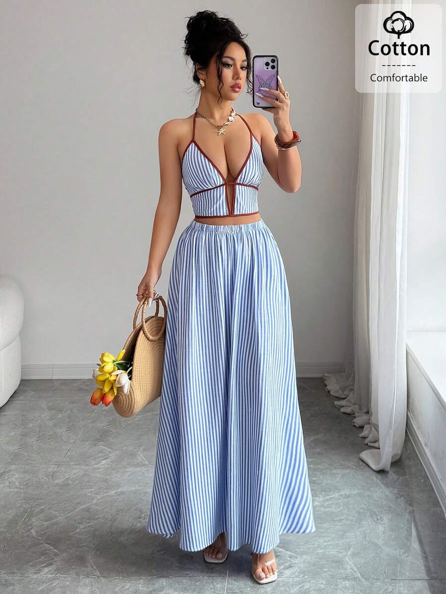 Arcane Artistry Bộ đồ đi nghỉ mát cho nữ màu xanh sọc, gợi cảm, cổ khoét sâu, áo crop top hai dây cổ chữ V sâu và chân váy maxi chữ A, trang phục đi biển cho nữ, trang phục mùa hè cho nữ, váy thường ngày cho nữ, chân váy maxi xanh cho nữ, trang phục nghỉ lễ cho nữ, trang phục đi nghỉ mát cho nữ, chân váy maxi đi biển. - Màu be - Xem 1