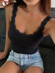 DAZY Áo camisole nữ cổ tròn ôm sát phối ren, kiểu dáng Y2K, phong cách mùa hè. - màu đen - Xem 4