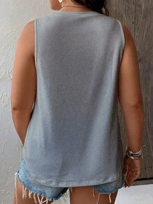 SHEIN LUNE 大码女式纯色V领休闲宽松背心 - 灰色 - 查看 2