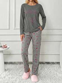 WovenCharm 100% Cotton 2Pcs  Contrast Colour Heart Printed PJ Set - Dark Grey - View 5