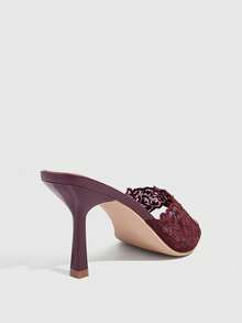 CUCCOO SZL Women Embroidered Lace Pointed Toe Stiletto Heeled Sandals Summer Shoes - Burgundy - View 5
