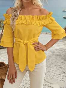 EMERY ROSE Blusa casual con hombros descubiertos y volantes para mujer - Amarillo - Ver 3