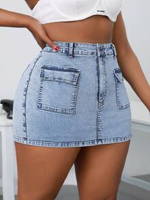 SHEIN SXY Plus Size Women High Waist Pocket Casual Skinny Denim Skorts - Light Wash - View 4