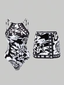 Swim Oasis 女款黑色夏季休閒熱帶度假高階優雅花卉連身泳衣附裙擺，波希米亞風兩件式坦克比基尼泳衣套裝 - 彩色 - 查看 10