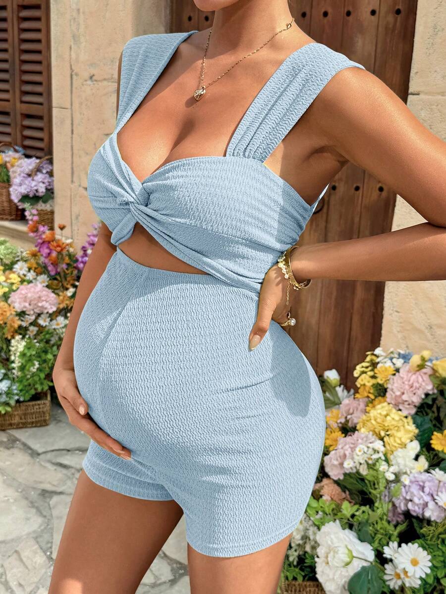 SHEIN 孕妇夏季性感纯色扭结镂空连体衣 - 淺藍色 - 查看 1