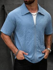 SLATEMANN Camisa casual de manga corta con cremallera y textura de unicolor para hombres, de verano - Neblina azul - Ver 5