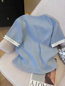 Selianne Áo khoác ngắn tay nữ kiểu dáng thanh lịch tối giản với viền tương phản, thích hợp cho mùa hè. - Màu xanh bụi bặm - Xem 2