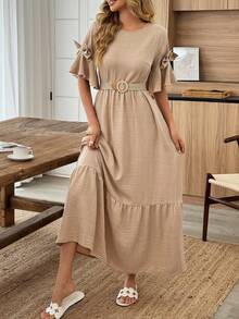 EMERY ROSE Women's Casual Vacation Outdoor & Indoor Round Neck Ruffle Bow Tie Short Sleeve High Waist A-Line Long Dress, Spring/Summer - Khaki - View 5